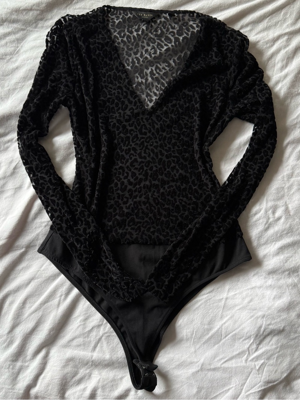 Ted Baker Black Leopard Burnout V-Neck Long-Sleeve Bodysuit